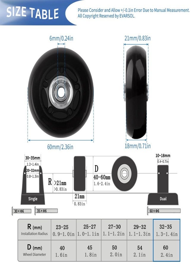 EVARSOL 60mm 4PCS Luggage Suitcase Replacement Wheels and Hacksaw for Trolley Case Travel Bags Caster Inline Roller Skating Roller Swivel Rubber Bearings Casters Repair Kits with Axles 30mm&35mm&60mm - Image 4